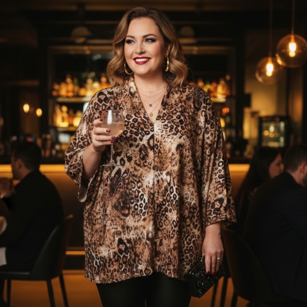 Ingenuity Canada 3X Modern Contemporary Mobwife Leopard Metallic Silky Knit Top